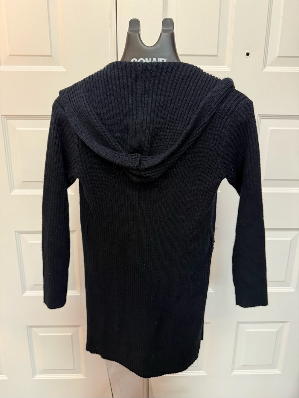 Classic Black Hooded Rib-Knit Cardigan Sweater missing belt and loop broken - Picture 6 of 8
